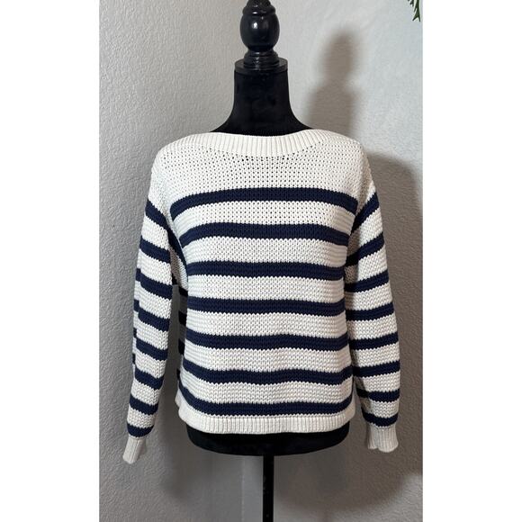 Madewell Boatneck Cropped Sweater Navy And White Cable Knit - Picture 1 of 12